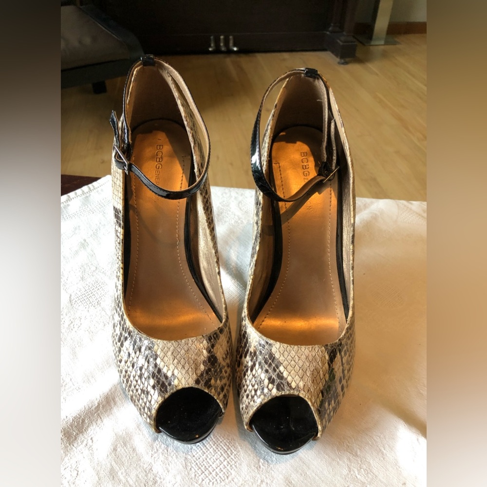 BCBGeneration Peep Toe Stilettos, Cream, Brown & Black Animal Print - Size 10